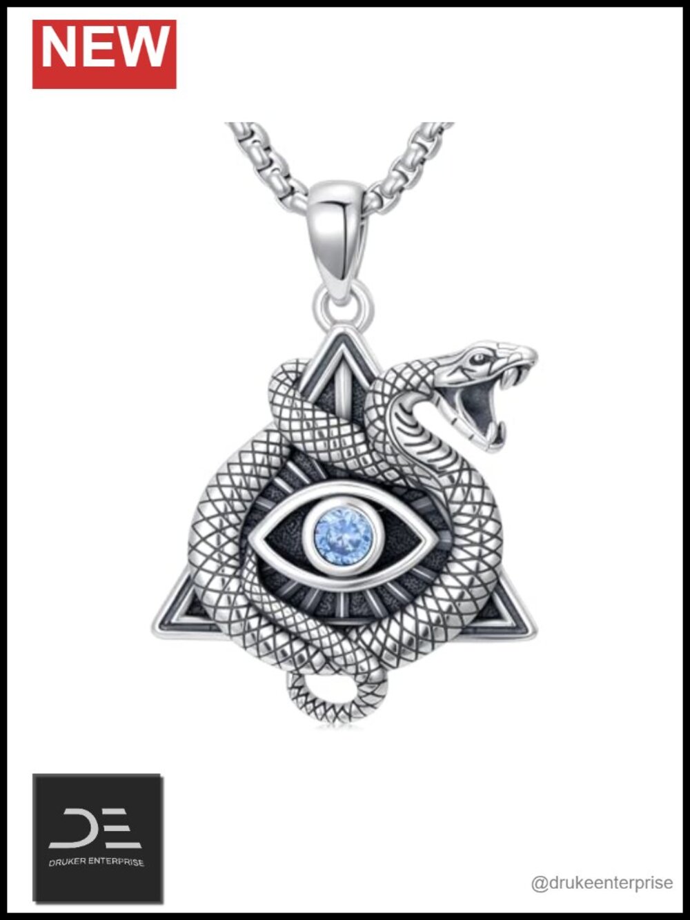 925 Sterling Silver Gothic Snake Evil Eye Pendant Necklace with Cubic Zirconia